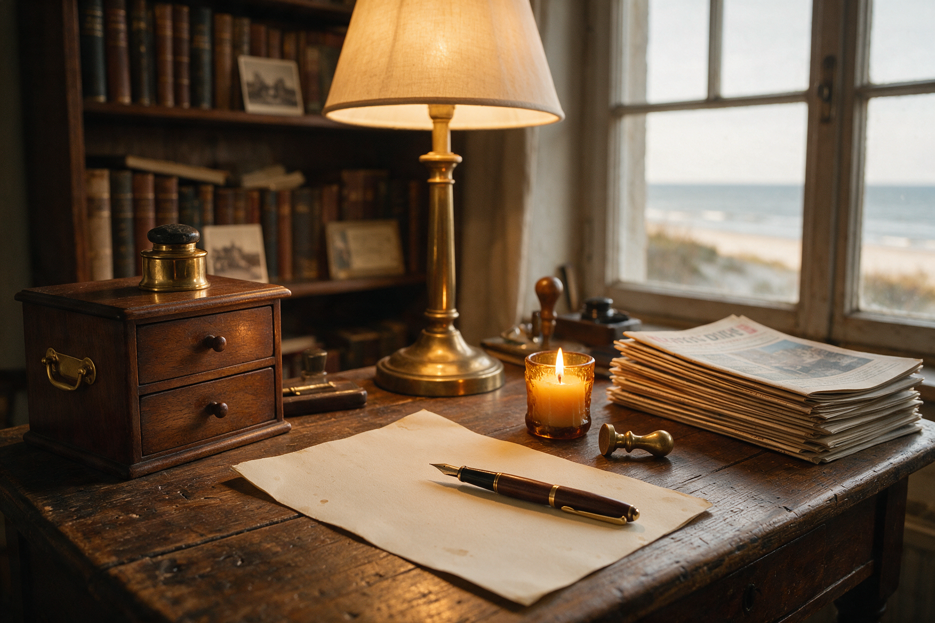 Schreibtisch mit handgeschriebenem Brief und Blick auf die Ostseeküste bei Usedom
