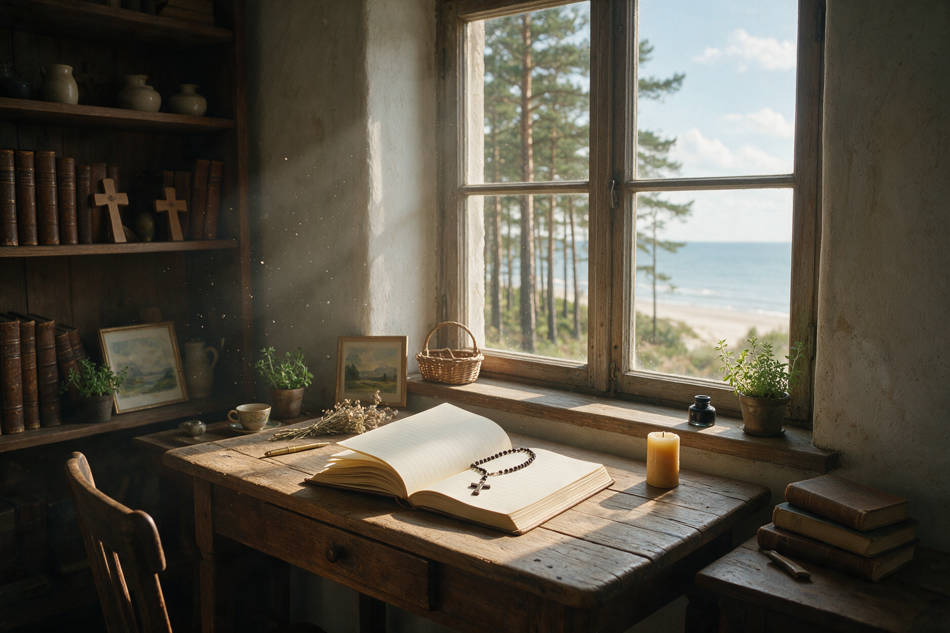 Ruhiger Schreibtisch mit Andachtsbuch und Kerze, Blick auf Kiefernwald an der Ostsee